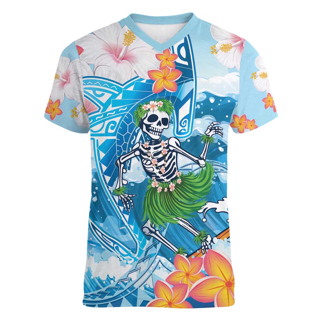 Personalized Hawaii Hula Girl Skeleton Dancing Women V-Neck T-Shirt Hibiscus Tribal Shark