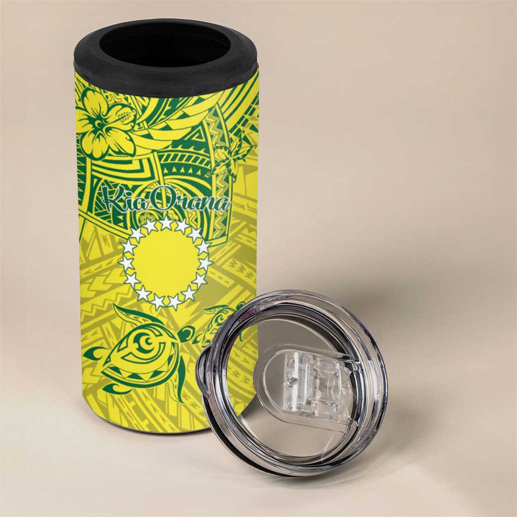 Kia Orana Cook Islands 4 in 1 Can Cooler Tumbler Turtle Yellow Green Polynesian Pattern