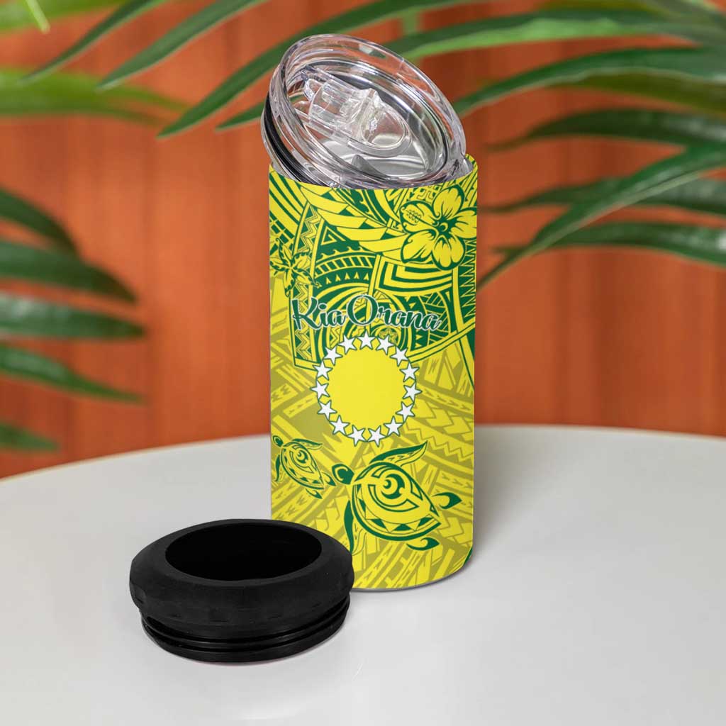 Kia Orana Cook Islands 4 in 1 Can Cooler Tumbler Turtle Yellow Green Polynesian Pattern