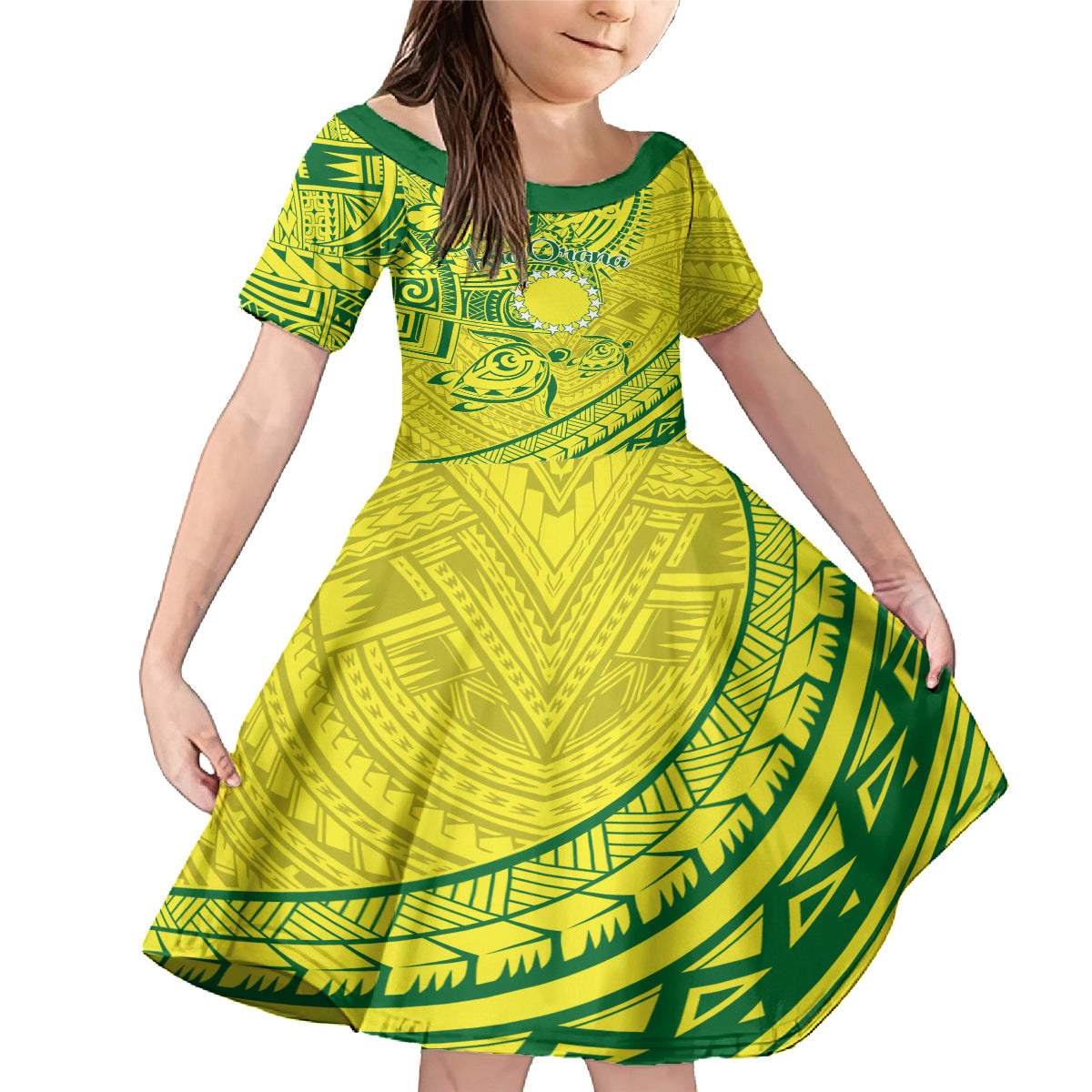 Kia Orana Cook Islands Family Matching Mermaid Dress and Hawaiian Shirt Turtle Yellow Green Polynesian Pattern LT01 Daughter's Dress Green - Polynesian Pride