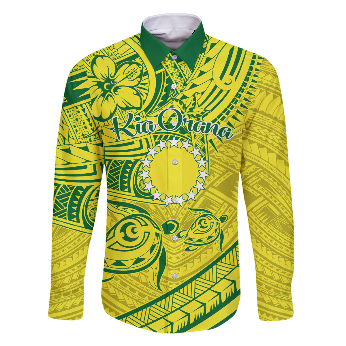 Kia Orana Cook Islands Family Matching Off Shoulder Short Dress and Hawaiian Shirt Turtle Yellow Green Polynesian Pattern LT01 Dad's Shirt - Long Sleeve Green - Polynesian Pride