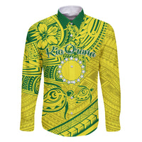 Kia Orana Cook Islands Family Matching Off Shoulder Short Dress and Hawaiian Shirt Turtle Yellow Green Polynesian Pattern LT01 Dad's Shirt - Long Sleeve Green - Polynesian Pride