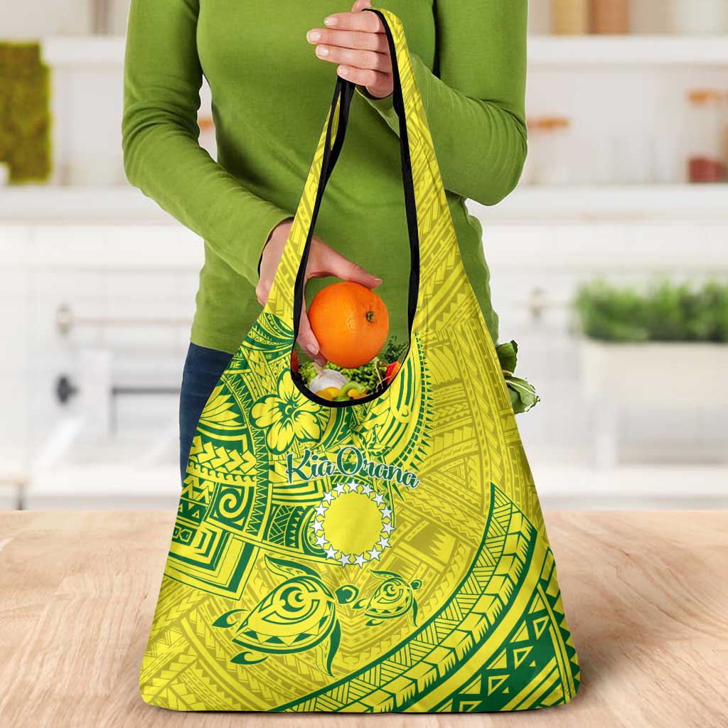Kia Orana Cook Islands Grocery Bag Turtle Yellow Green Polynesian Pattern