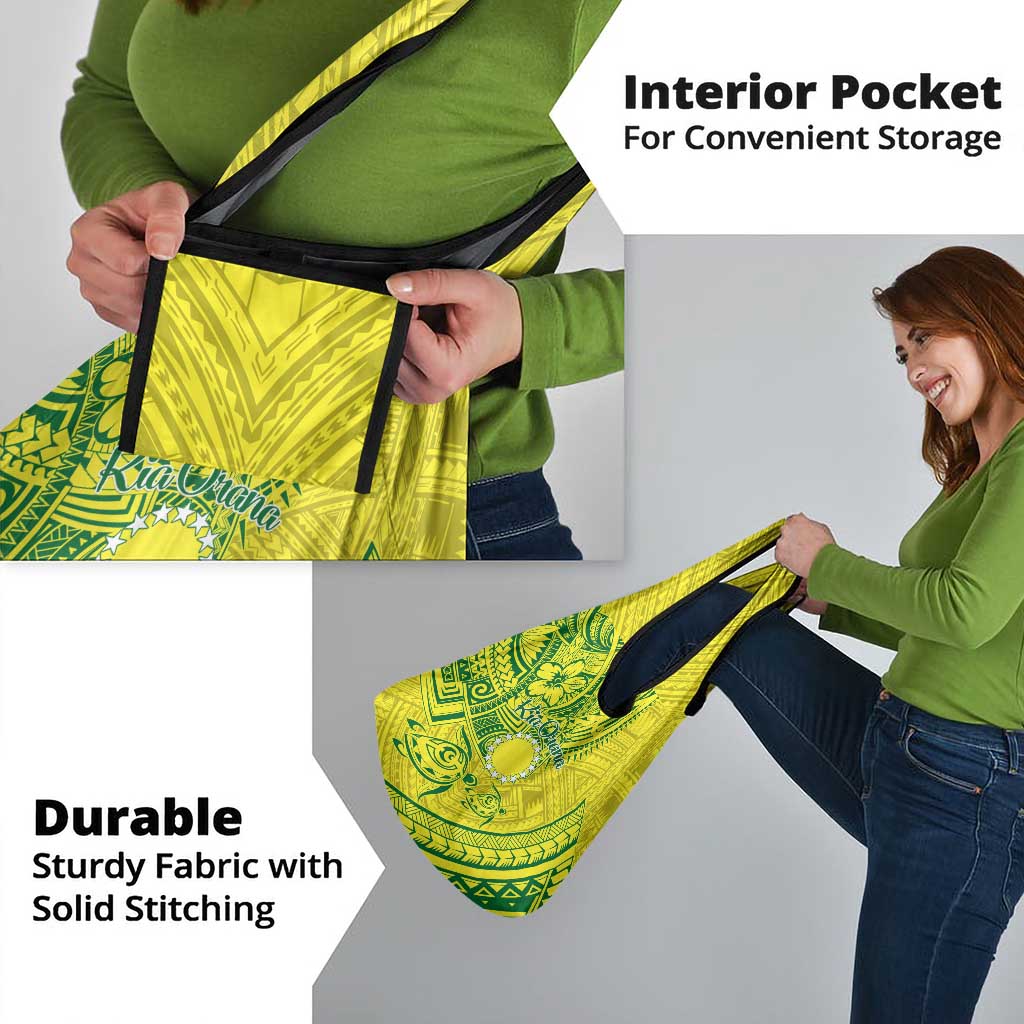 Kia Orana Cook Islands Grocery Bag Turtle Yellow Green Polynesian Pattern