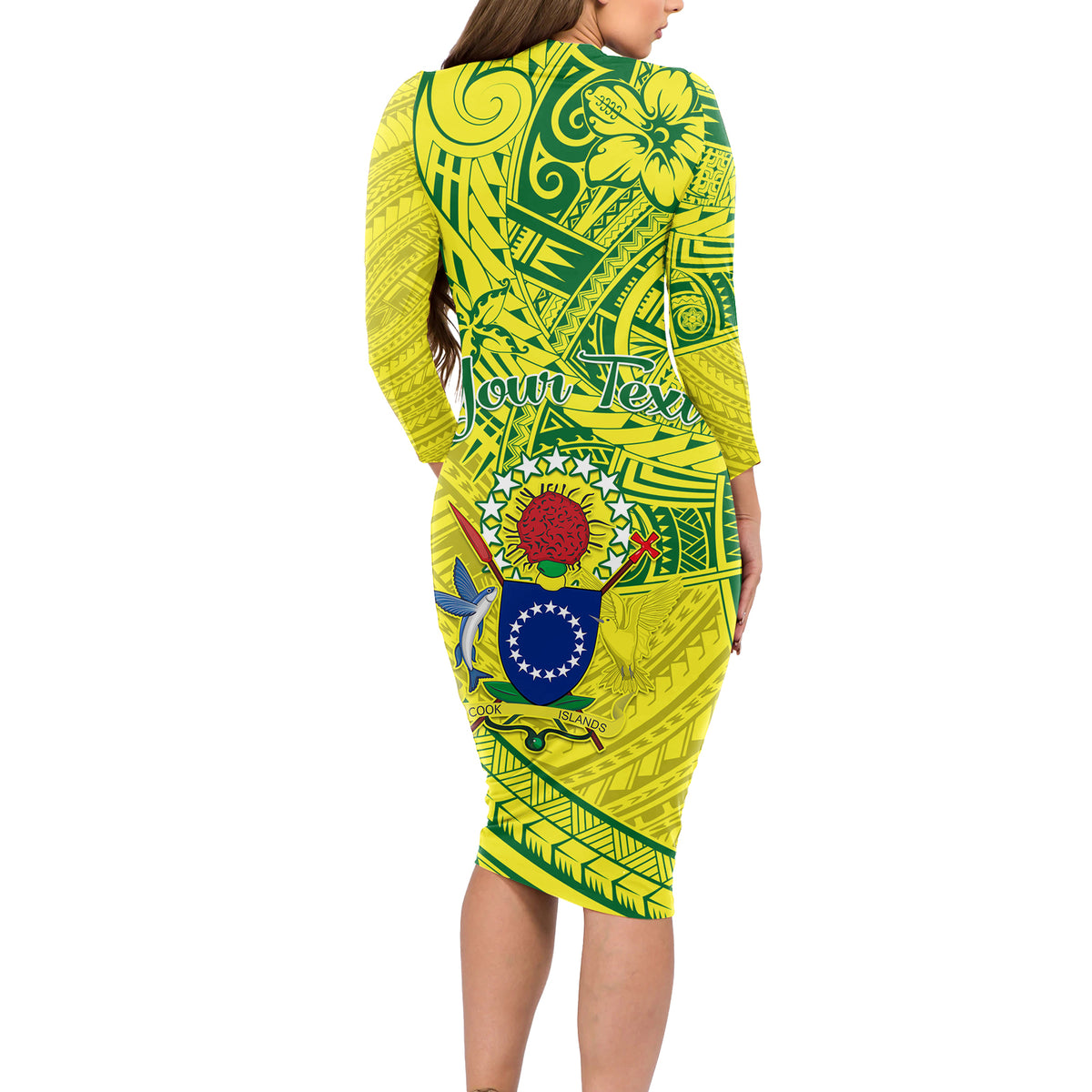 Kia Orana Cook Islands Long Sleeve Bodycon Dress Turtle Yellow Green Polynesian Pattern LT01 - Polynesian Pride