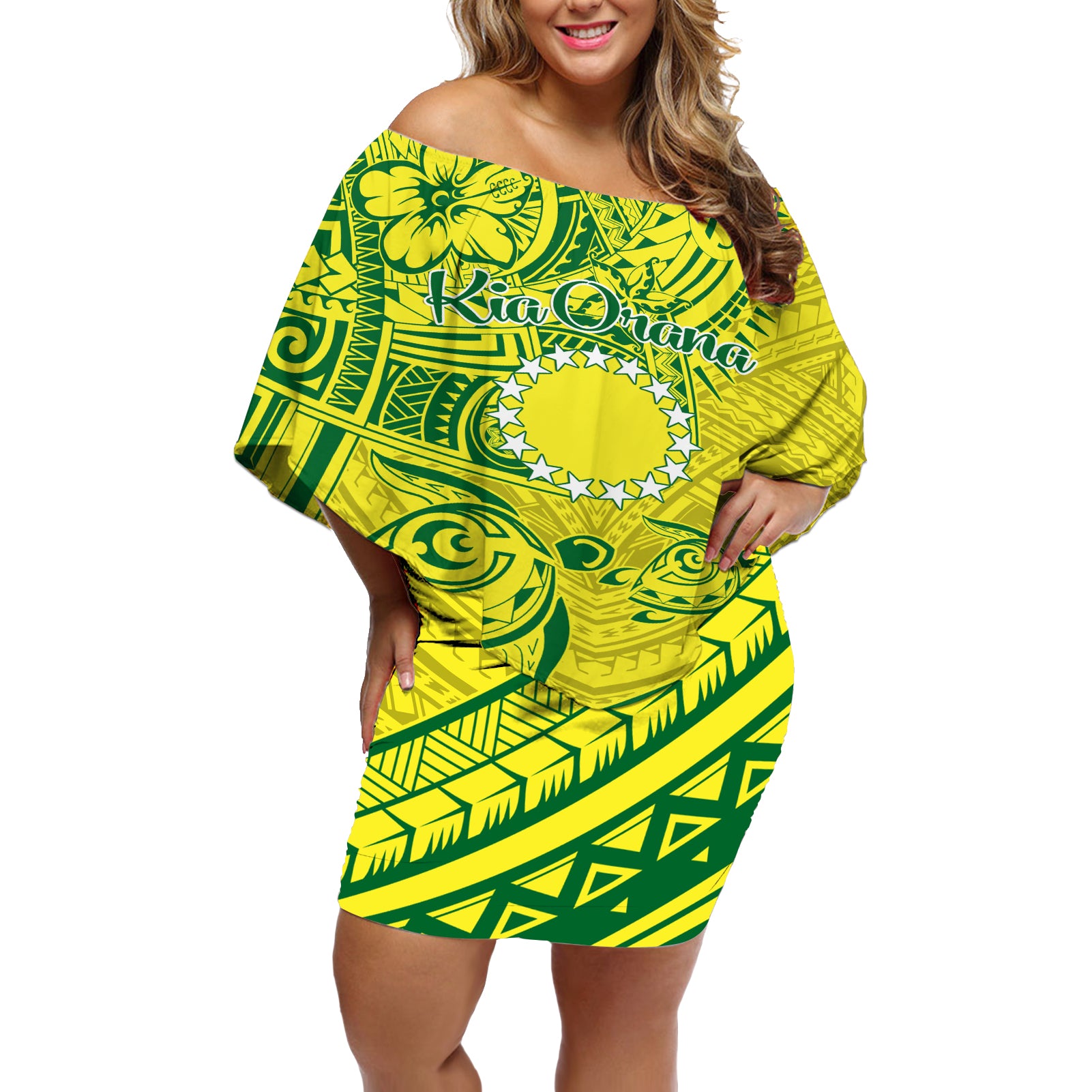 Kia Orana Cook Islands Off Shoulder Short Dress Turtle Yellow Green Polynesian Pattern LT01 Women Green - Polynesian Pride