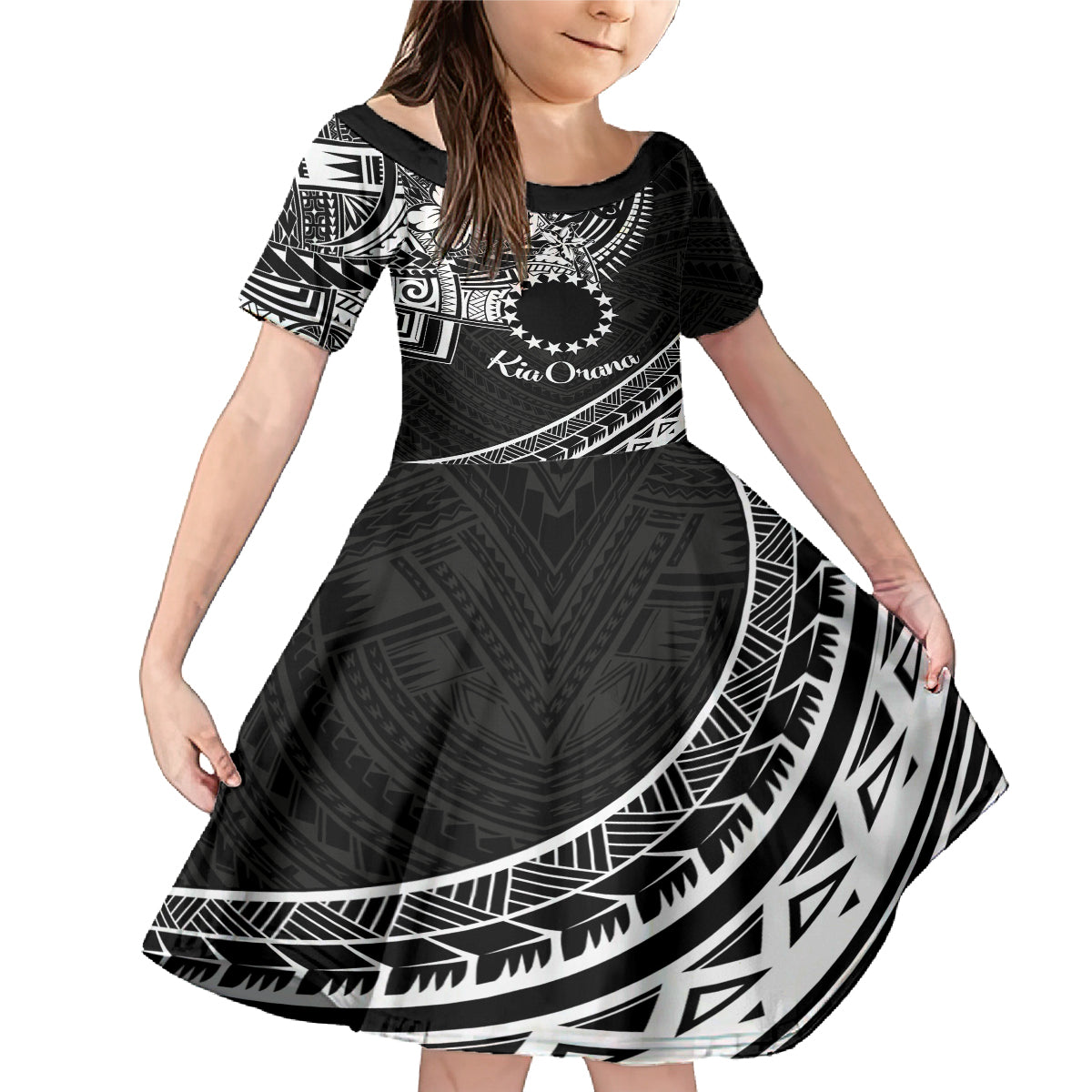 Kia Orana Cook Islands Family Matching Mermaid Dress and Hawaiian Shirt Circle Stars With Floral White Pattern LT01 Daughter's Dress Black - Polynesian Pride