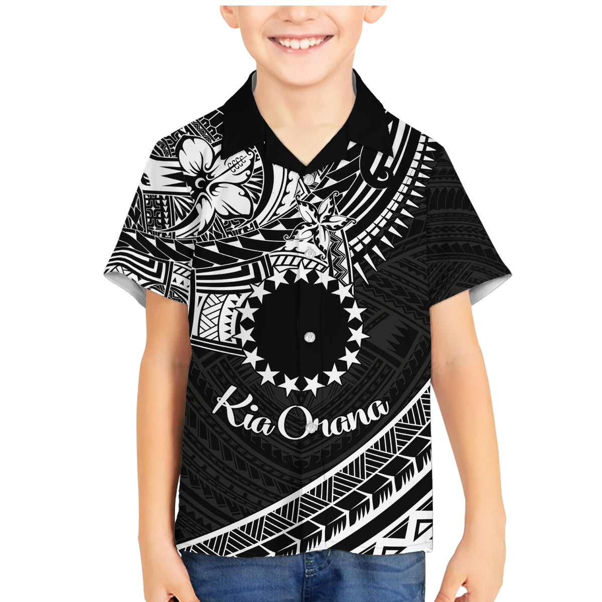 Kia Orana Cook Islands Family Matching Mermaid Dress and Hawaiian Shirt Circle Stars With Floral White Pattern LT01 Son's Shirt Black - Polynesian Pride