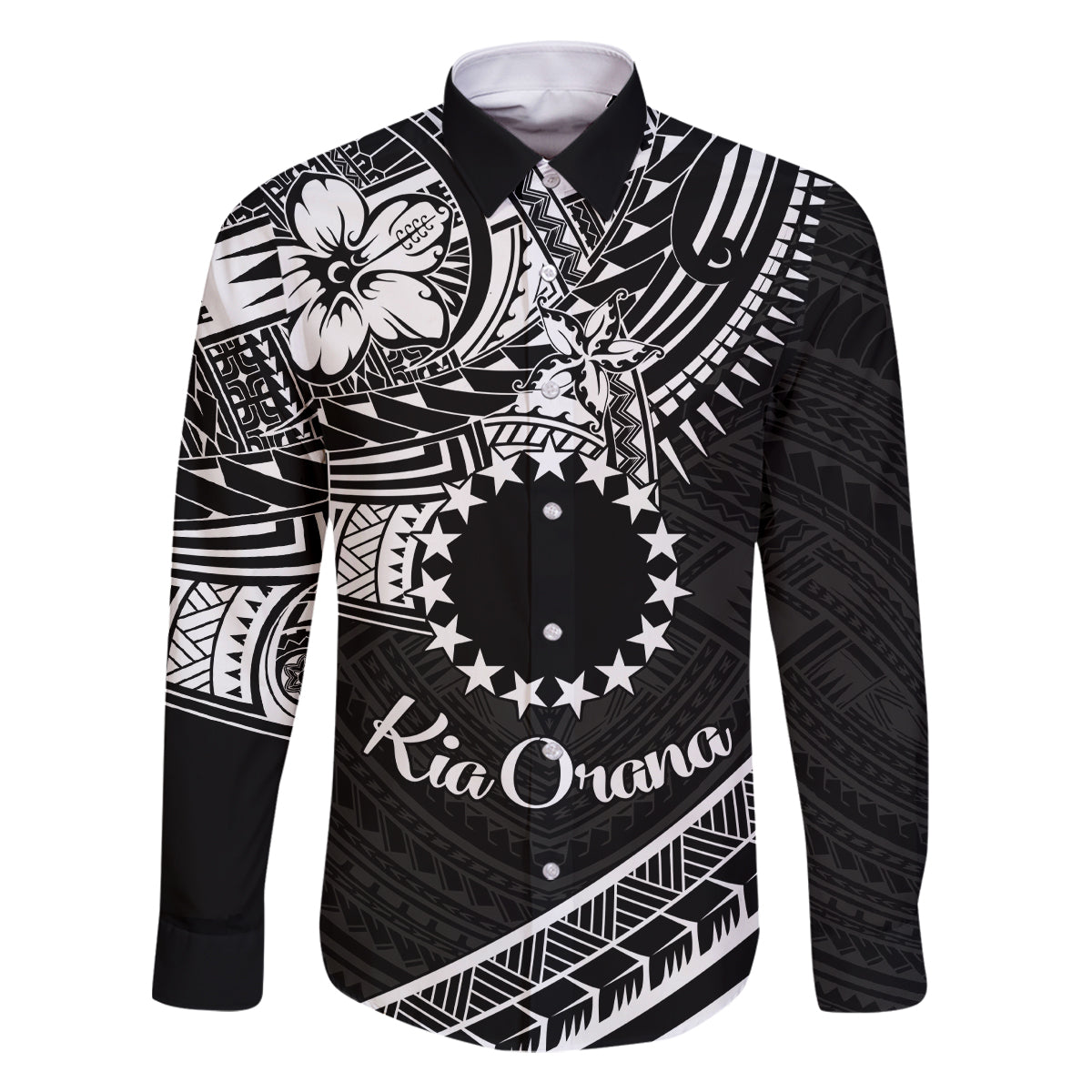 Kia Orana Cook Islands Family Matching Off Shoulder Long Sleeve Dress and Hawaiian Shirt Circle Stars With Floral White Pattern LT01 Dad's Shirt - Long Sleeve Black - Polynesian Pride