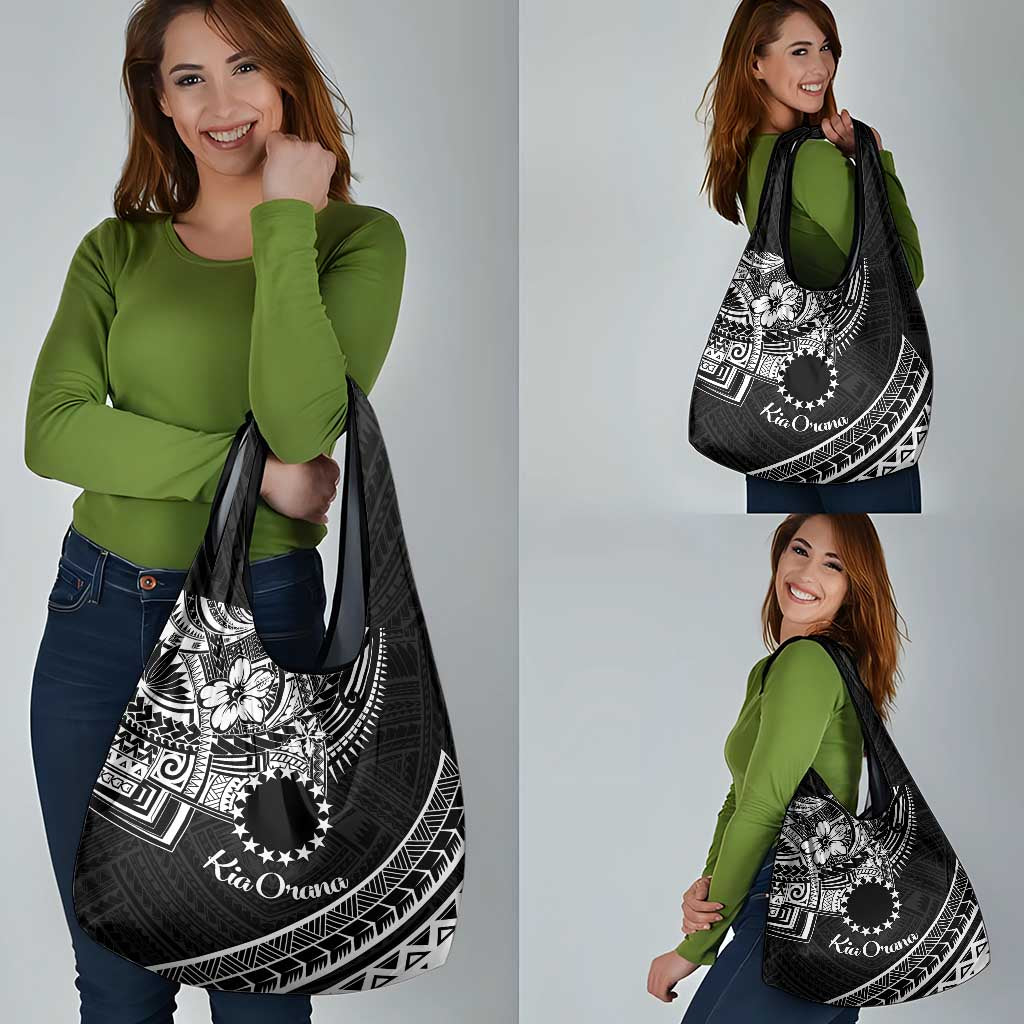 Kia Orana Cook Islands Grocery Bag Circle Stars With Floral White Pattern