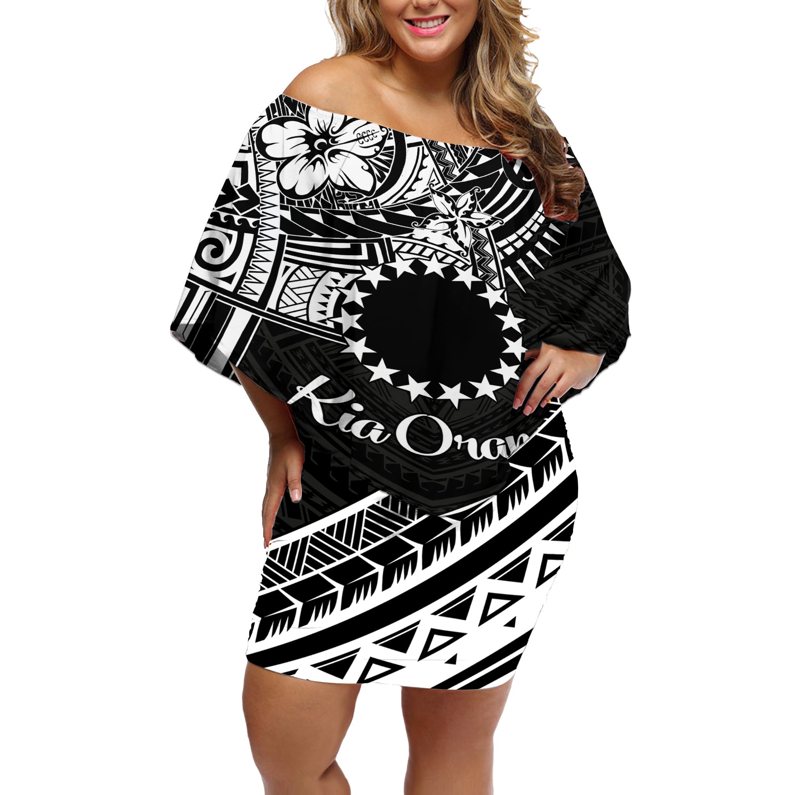 Kia Orana Cook Islands Off Shoulder Short Dress Circle Stars With Floral White Pattern LT01 Women Black - Polynesian Pride