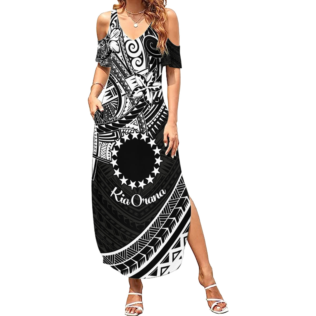 Kia Orana Cook Islands Summer Maxi Dress Circle Stars With Floral White Pattern LT01 Women Black - Polynesian Pride