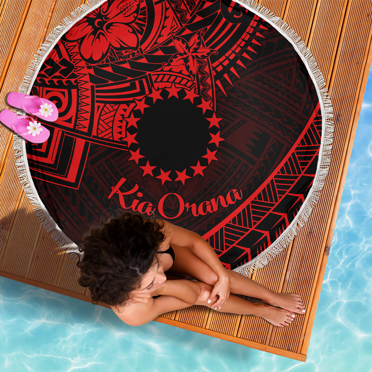 Kia Orana Cook Islands Beach Blanket Circle Stars With Floral Red Pattern LT01 - Polynesian Pride