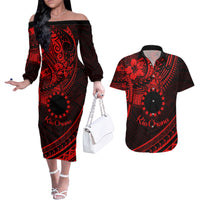 Kia Orana Cook Islands Couples Matching Off The Shoulder Long Sleeve Dress and Hawaiian Shirt Circle Stars With Floral Red Pattern LT01 Red - Polynesian Pride