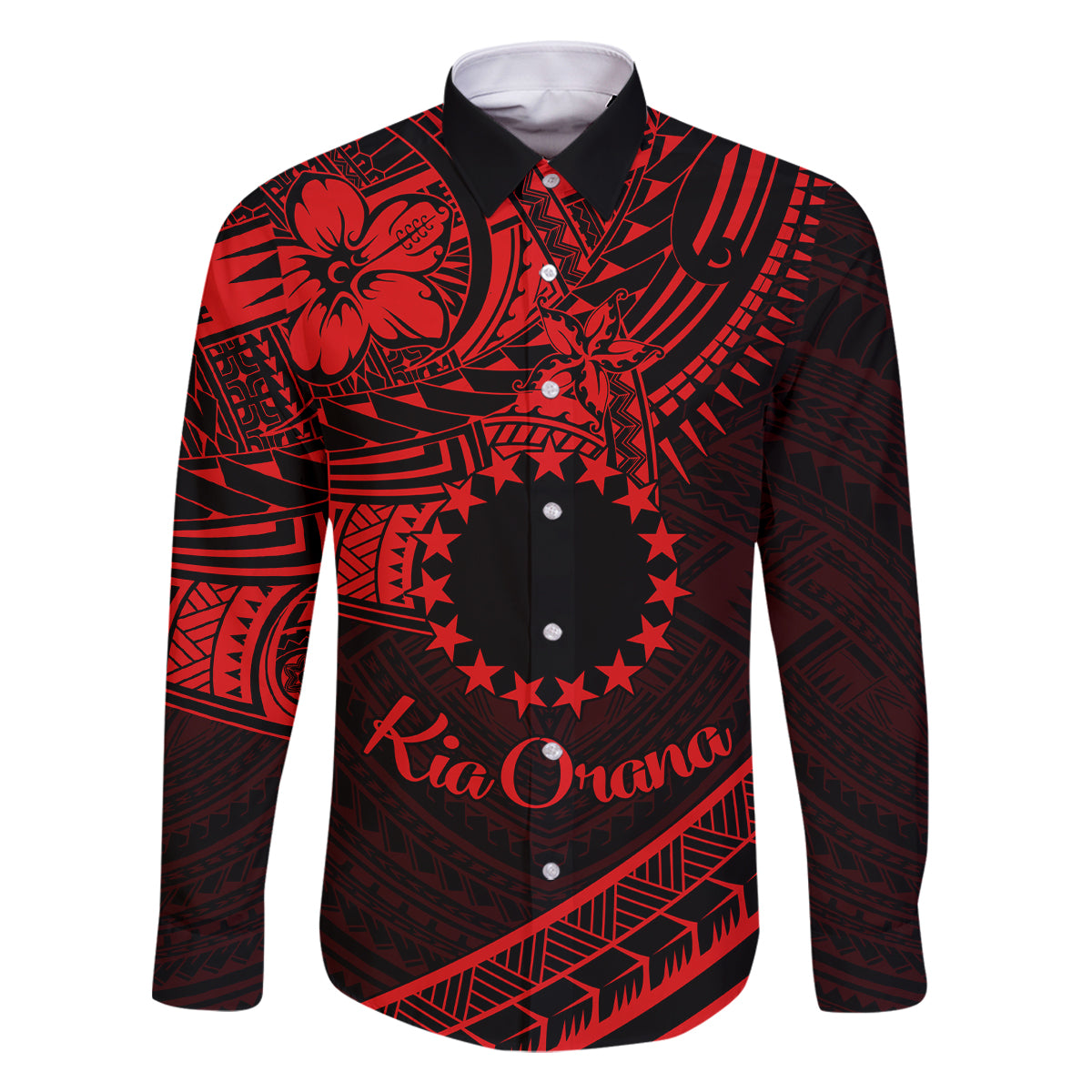 Kia Orana Cook Islands Family Matching Mermaid Dress and Hawaiian Shirt Circle Stars With Floral Red Pattern LT01 Dad's Shirt - Long Sleeve Red - Polynesian Pride