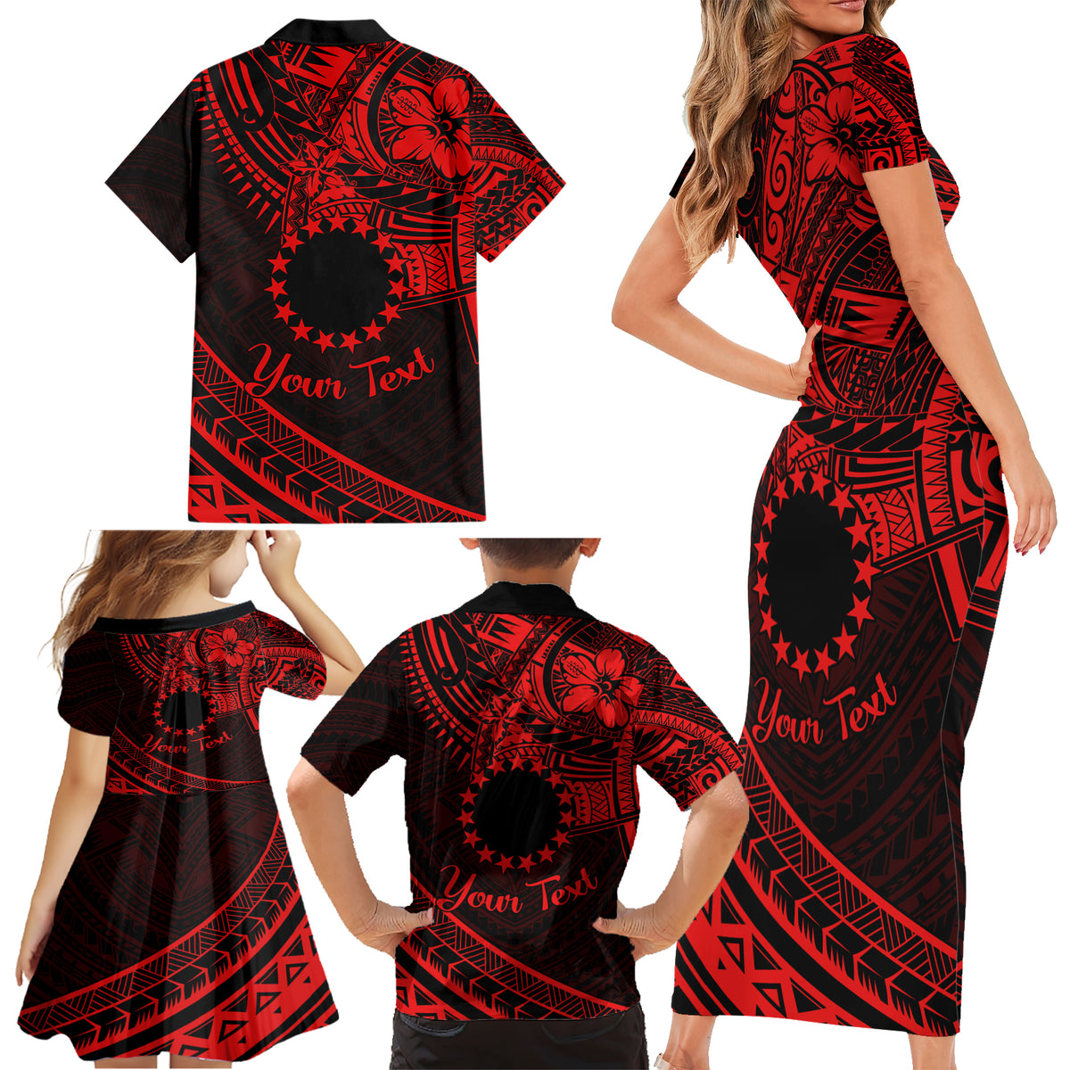 Kia Orana Cook Islands Family Matching Short Sleeve Bodycon Dress and Hawaiian Shirt Circle Stars With Floral Red Pattern LT01 - Polynesian Pride