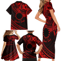 Kia Orana Cook Islands Family Matching Short Sleeve Bodycon Dress and Hawaiian Shirt Circle Stars With Floral Red Pattern LT01 - Polynesian Pride
