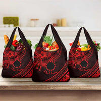Kia Orana Cook Islands Grocery Bag Circle Stars With Floral Red Pattern
