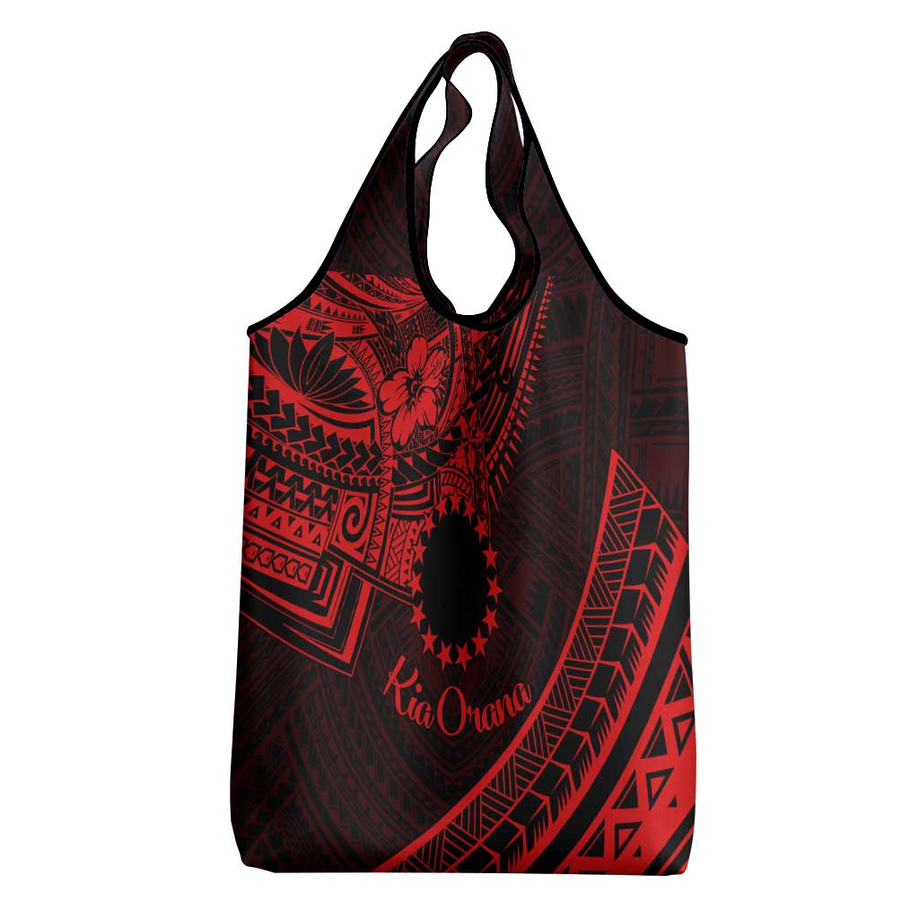 Kia Orana Cook Islands Grocery Bag Circle Stars With Floral Red Pattern