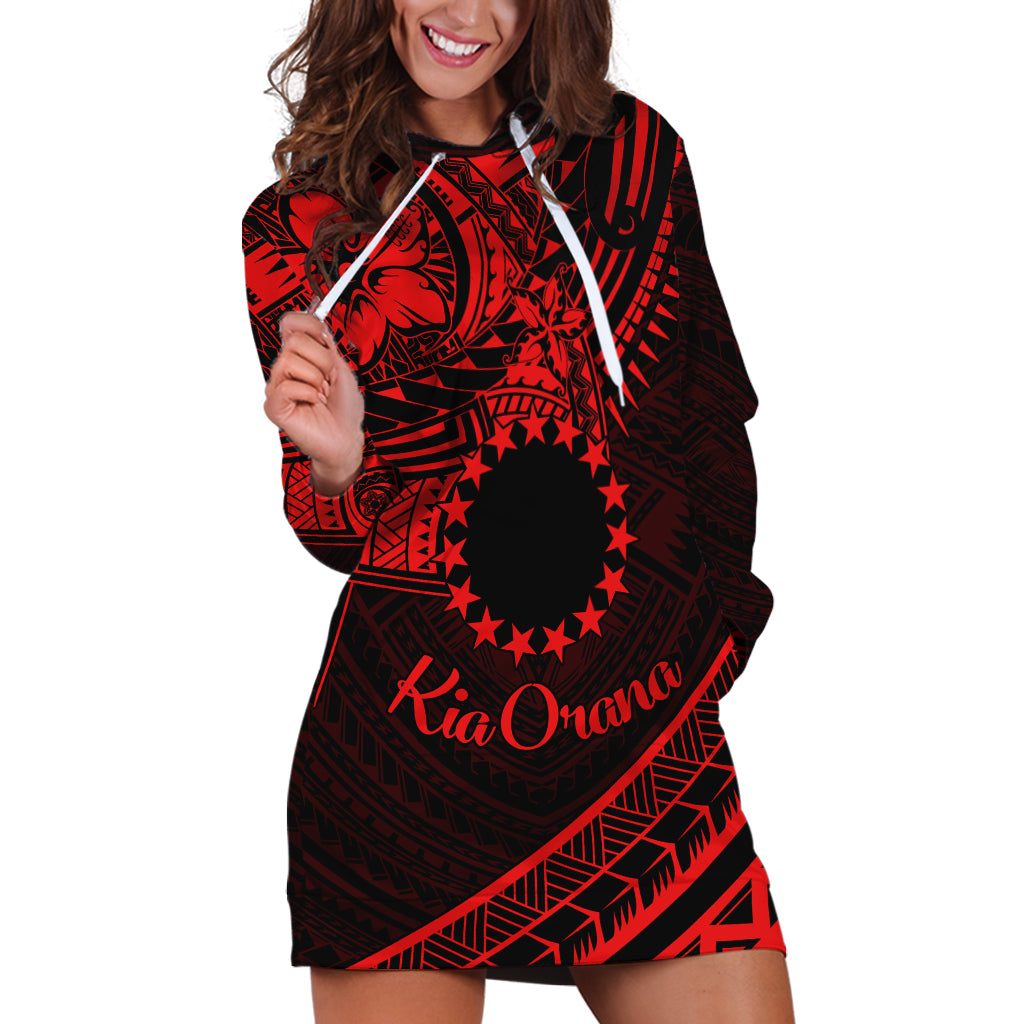 Kia Orana Cook Islands Hoodie Dress Circle Stars With Floral Red Pattern LT01 Red - Polynesian Pride