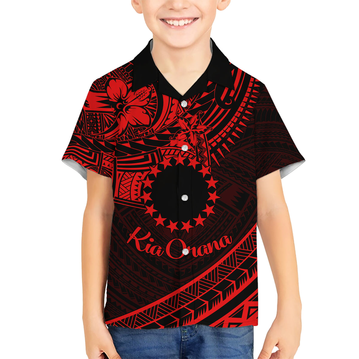 Kia Orana Cook Islands Kid Hawaiian Shirt Circle Stars With Floral Red Pattern LT01 Kid Red - Polynesian Pride