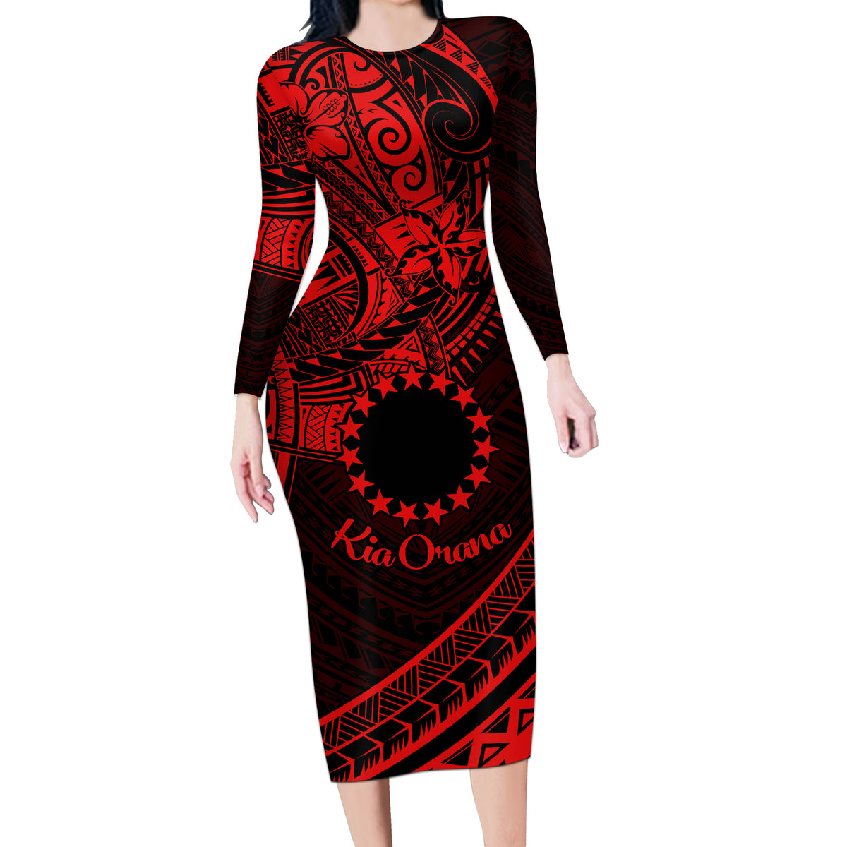 Kia Orana Cook Islands Long Sleeve Bodycon Dress Circle Stars With Floral Red Pattern LT01 Long Dress Red - Polynesian Pride