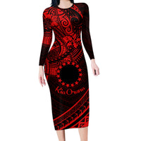 Kia Orana Cook Islands Long Sleeve Bodycon Dress Circle Stars With Floral Red Pattern LT01 Long Dress Red - Polynesian Pride