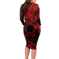 Kia Orana Cook Islands Long Sleeve Bodycon Dress Circle Stars With Floral Red Pattern LT01 - Polynesian Pride