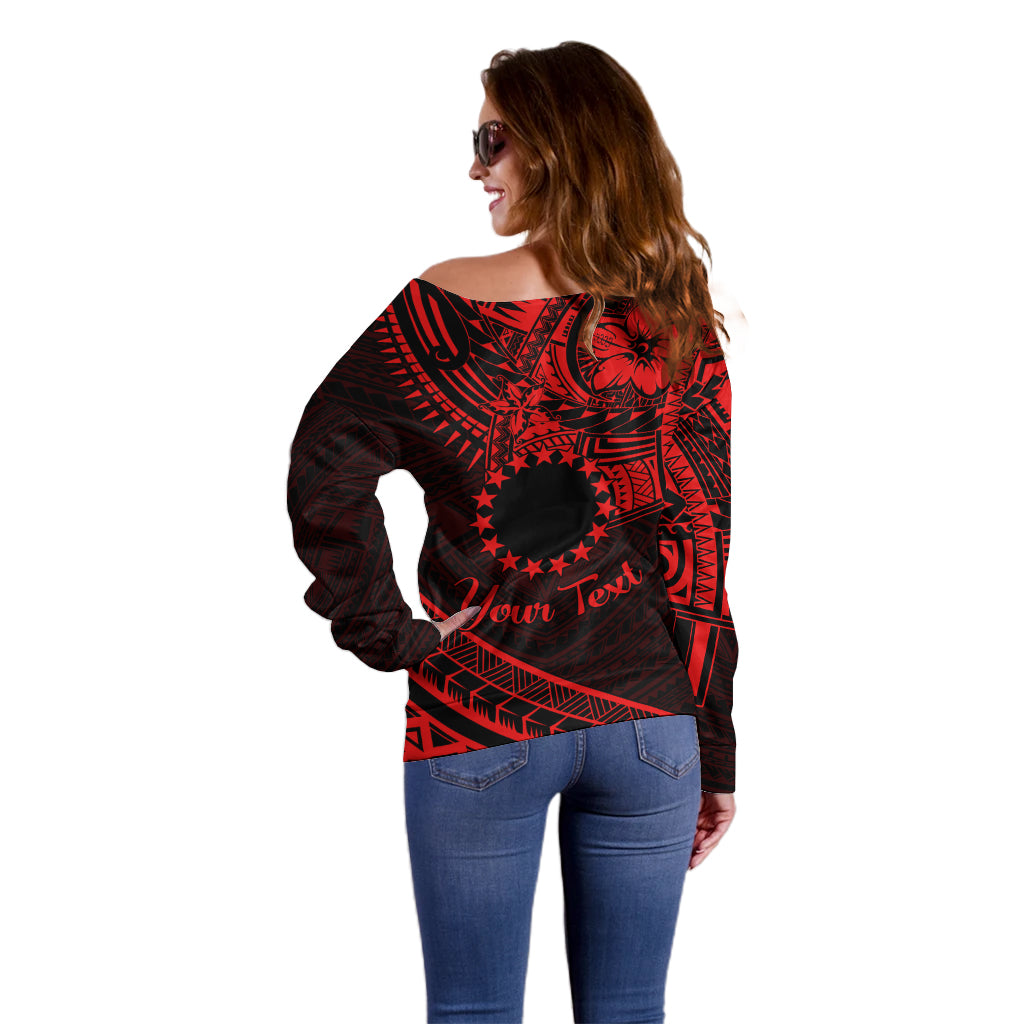 Kia Orana Cook Islands Off Shoulder Sweater Circle Stars With Floral Red Pattern LT01 - Polynesian Pride