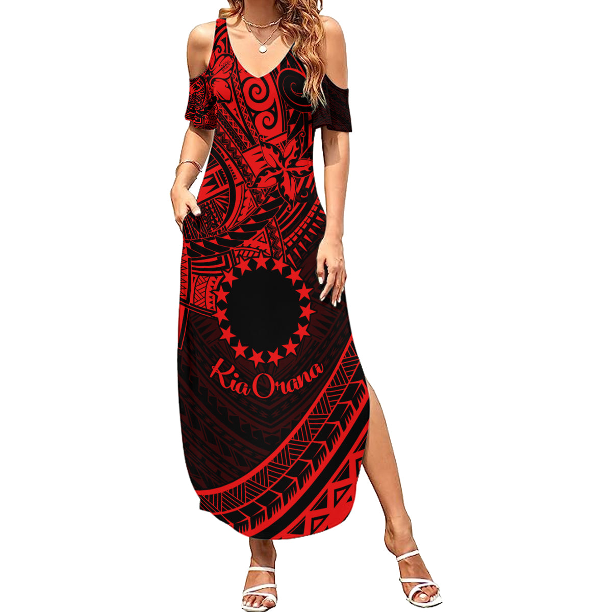 Kia Orana Cook Islands Summer Maxi Dress Circle Stars With Floral Red Pattern LT01 Women Red - Polynesian Pride