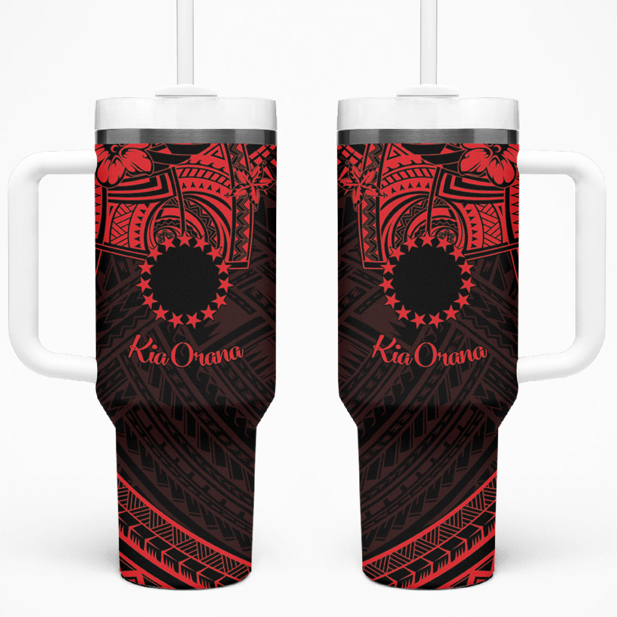 Kia Orana Cook Islands Tumbler With Handle Circle Stars With Floral Red Pattern