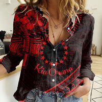 Kia Orana Cook Islands Women Casual Shirt Circle Stars With Floral Red Pattern LT01 Female Red - Polynesian Pride