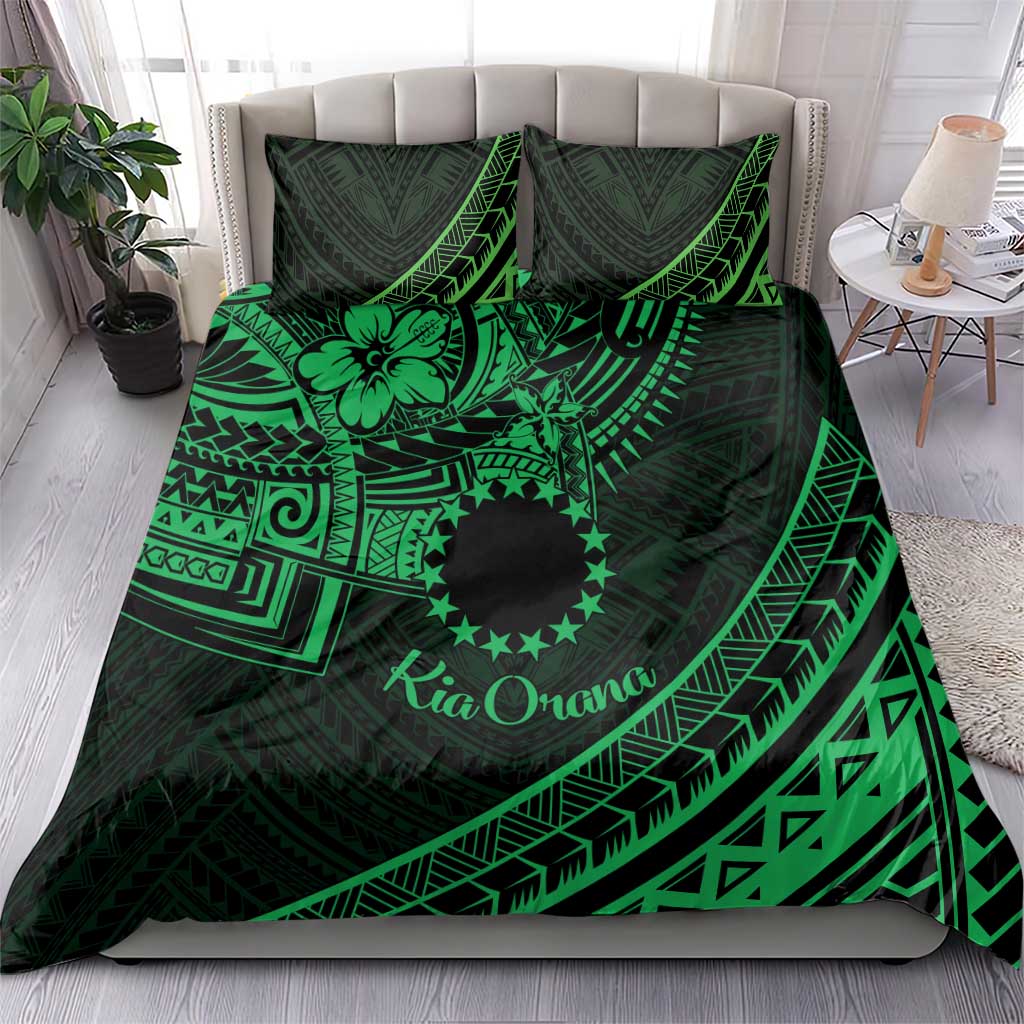 Kia Orana Cook Islands Bedding Set Circle Stars With Floral Green Pattern LT01