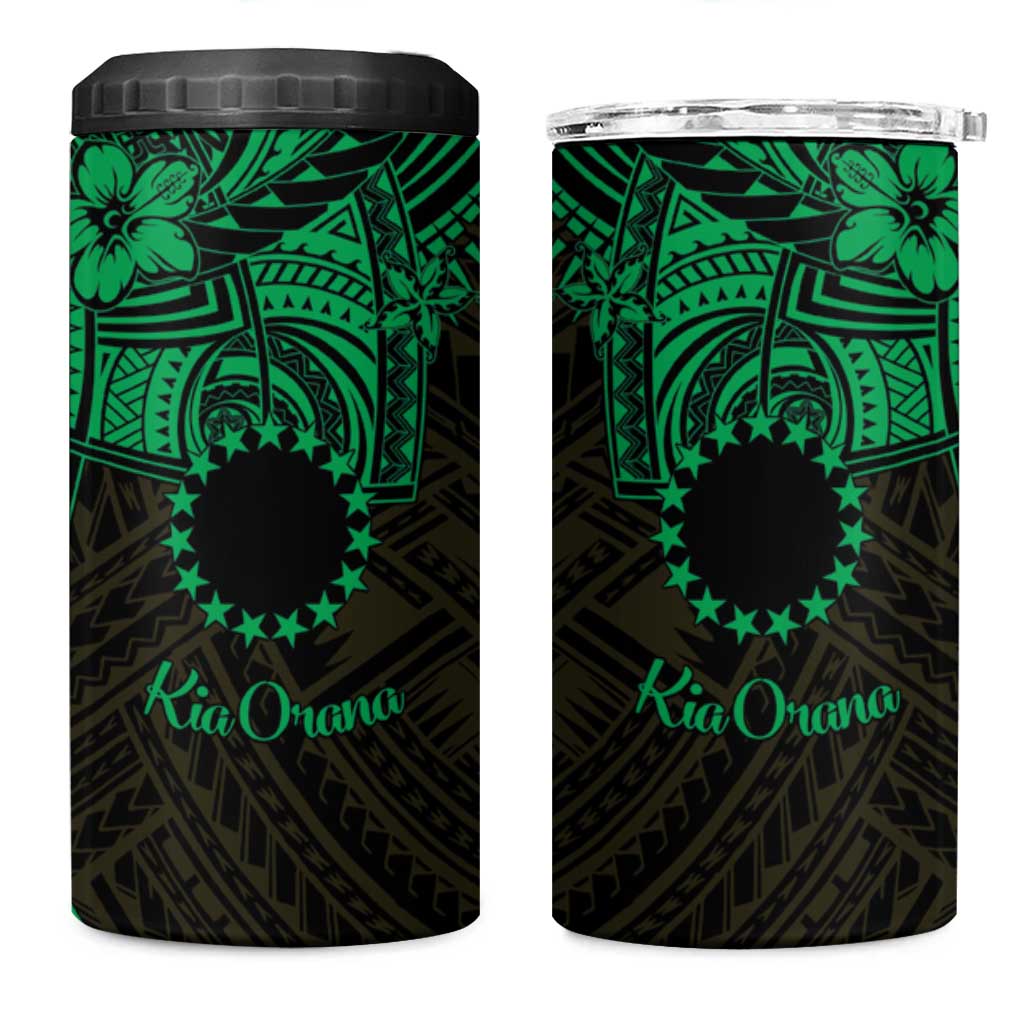 Kia Orana Cook Islands 4 in 1 Can Cooler Tumbler Circle Stars With Floral Green Pattern