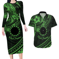 Kia Orana Cook Islands Couples Matching Long Sleeve Bodycon Dress and Hawaiian Shirt Circle Stars With Floral Green Pattern LT01 Green - Polynesian Pride