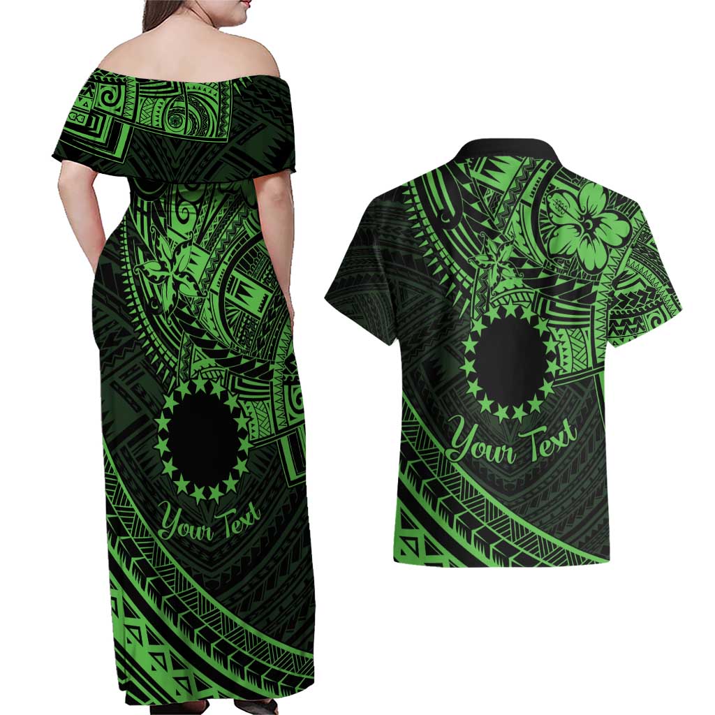 Kia Orana Cook Islands Couples Matching Off Shoulder Maxi Dress and Hawaiian Shirt Circle Stars With Floral Green Pattern LT01