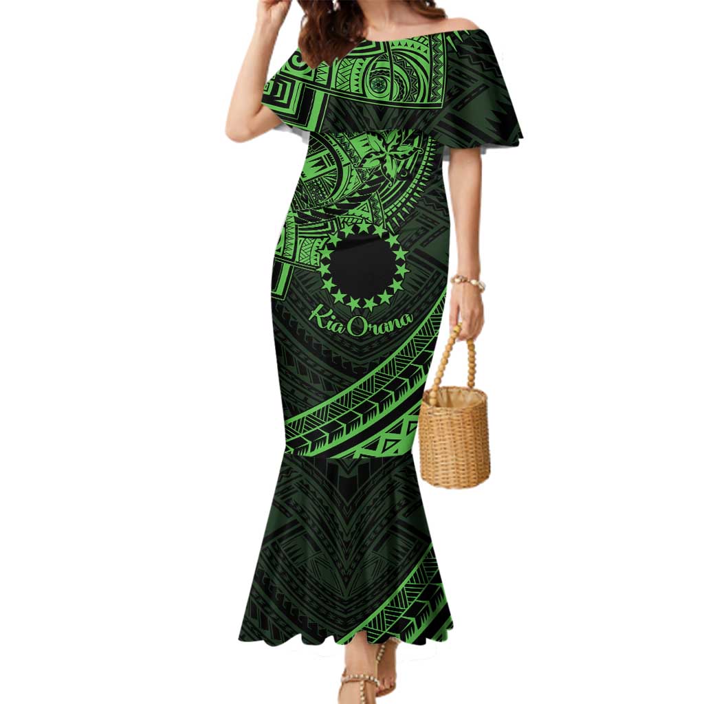 Kia Orana Cook Islands Family Matching Mermaid Dress and Hawaiian Shirt Circle Stars With Floral Green Pattern LT01