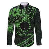 Kia Orana Cook Islands Family Matching Off Shoulder Maxi Dress and Hawaiian Shirt Circle Stars With Floral Green Pattern LT01 Dad's Shirt - Long Sleeve Green - Polynesian Pride