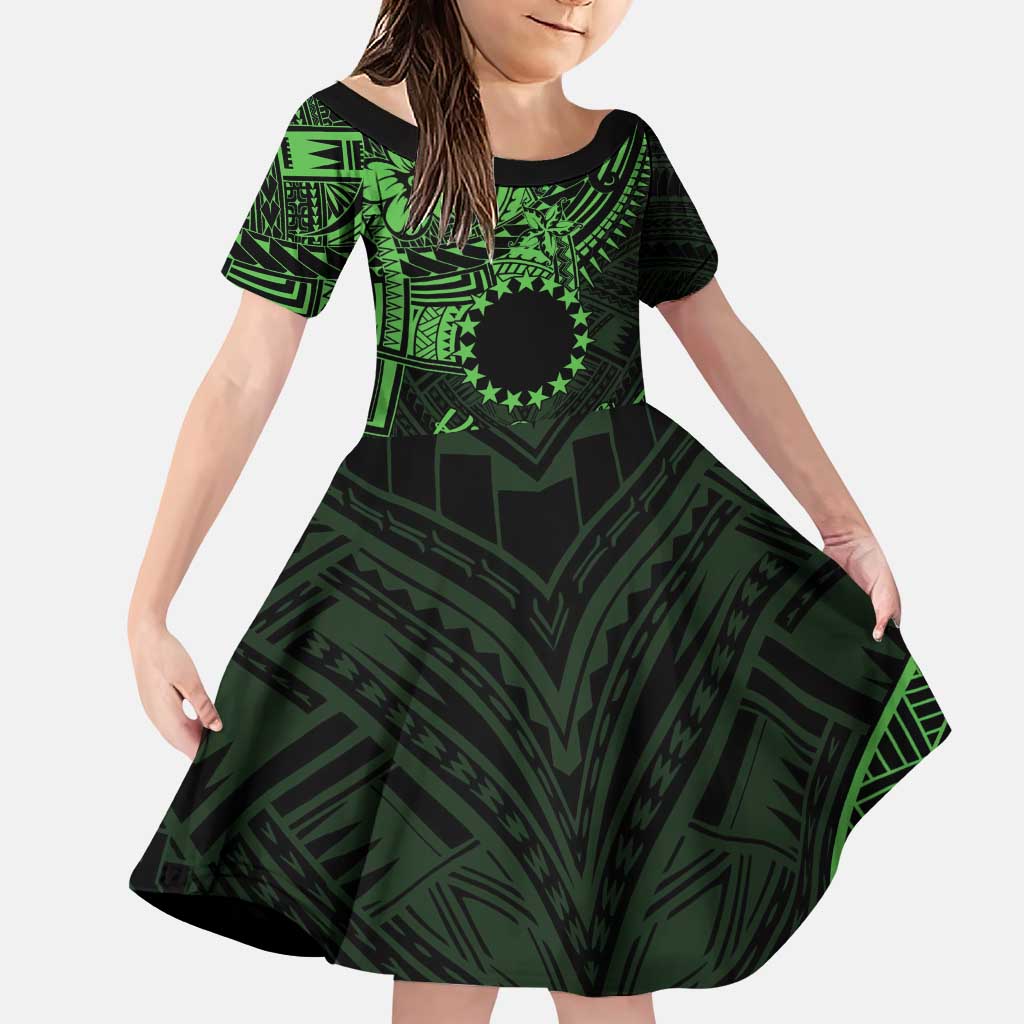 Kia Orana Cook Islands Family Matching Puletasi Dress and Hawaiian Shirt Circle Stars With Floral Green Pattern LT01 Daughter's Dress Green - Polynesian Pride