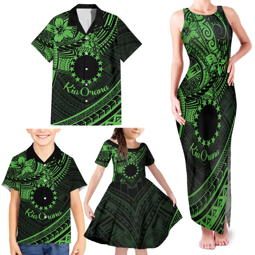 Kia Orana Cook Islands Family Matching Tank Maxi Dress and Hawaiian Shirt Circle Stars With Floral Green Pattern LT01