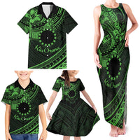 Kia Orana Cook Islands Family Matching Tank Maxi Dress and Hawaiian Shirt Circle Stars With Floral Green Pattern LT01