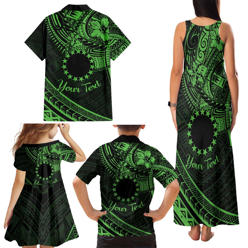 Kia Orana Cook Islands Family Matching Tank Maxi Dress and Hawaiian Shirt Circle Stars With Floral Green Pattern LT01