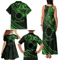 Kia Orana Cook Islands Family Matching Tank Maxi Dress and Hawaiian Shirt Circle Stars With Floral Green Pattern LT01