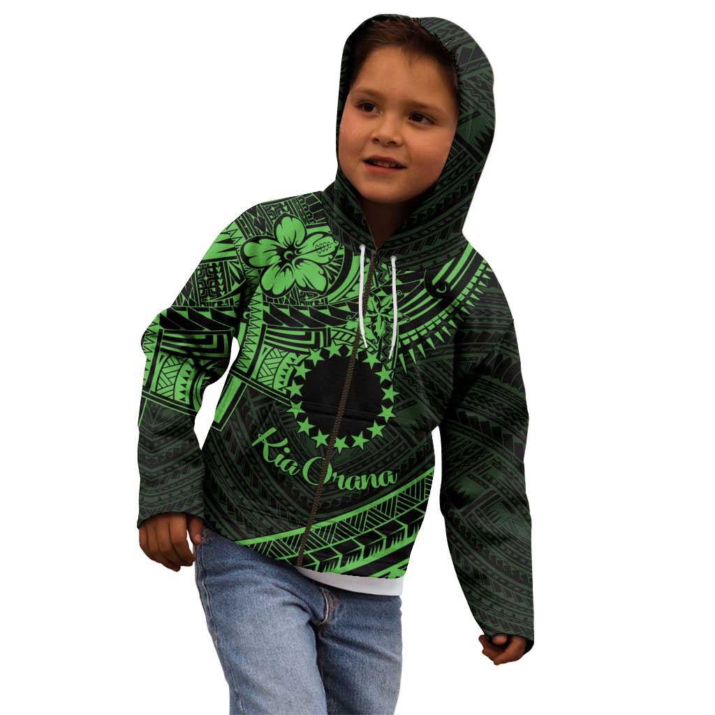 Kia Orana Cook Islands Kid Hoodie Circle Stars With Floral Green Pattern LT01