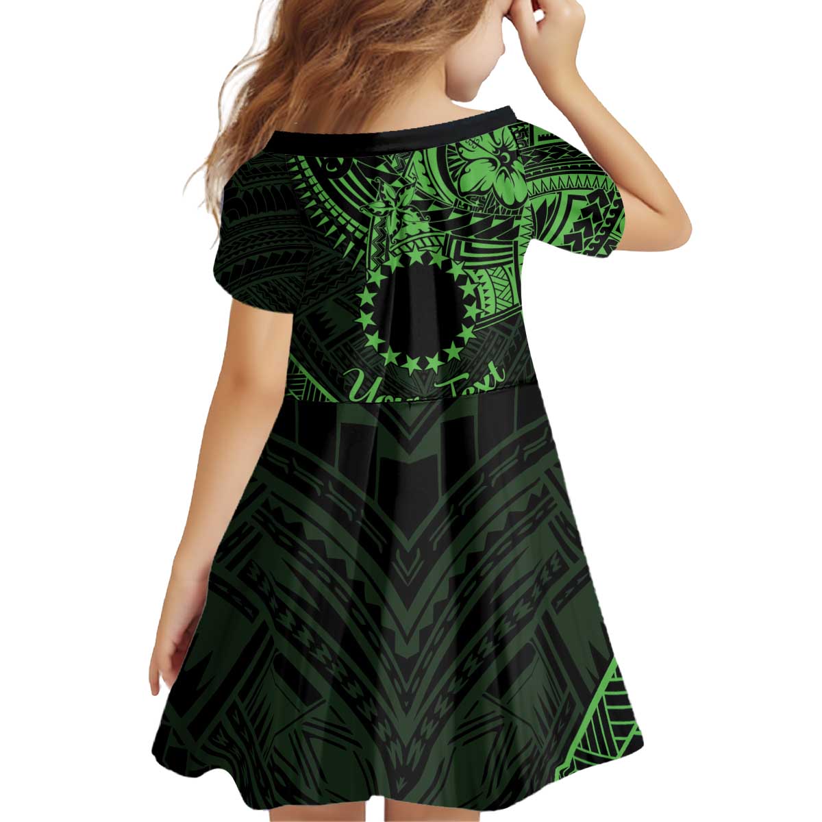 Kia Orana Cook Islands Kid Short Sleeve Dress Circle Stars With Floral Green Pattern LT01