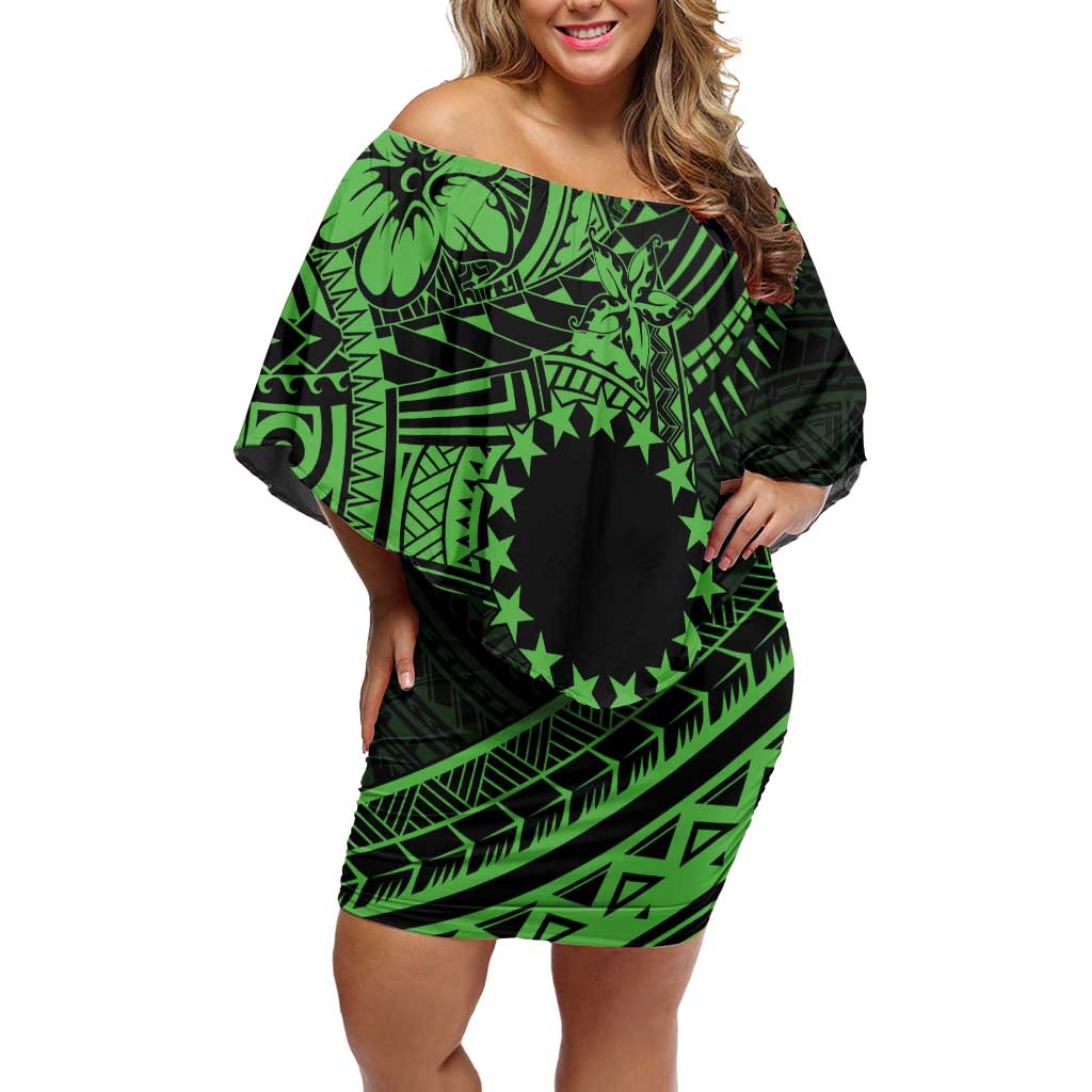 Kia Orana Cook Islands Off Shoulder Short Dress Circle Stars With Floral Green Pattern LT01