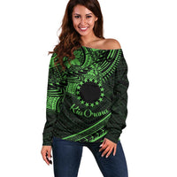 Kia Orana Cook Islands Off Shoulder Sweater Circle Stars With Floral Green Pattern LT01