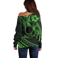 Kia Orana Cook Islands Off Shoulder Sweater Circle Stars With Floral Green Pattern LT01