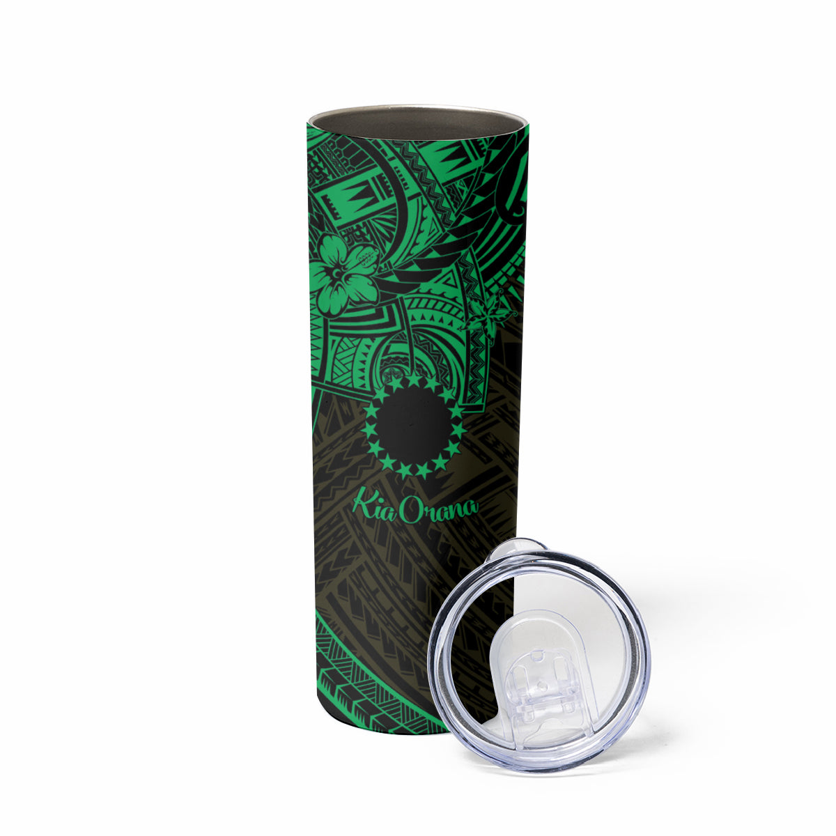 Kia Orana Cook Islands Skinny Tumbler Circle Stars With Floral Green Pattern