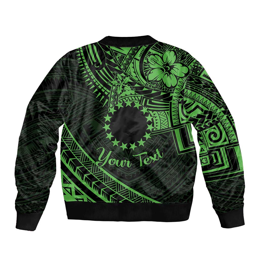 Kia Orana Cook Islands Sleeve Zip Bomber Jacket Circle Stars With Floral Green Pattern LT01